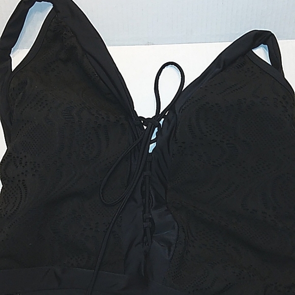 NWT COASTAL BLUE~Plus Size Halter Neck Lace Front Black Sexy Swimsuit~1X~ - Picture 14 of 14